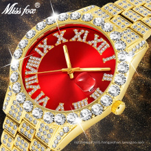 MISSFOX Men's Watches Modern Diamond Waterproof Red Watch Brand Luxury 18k Gold Man Analog Quartz Watch Men